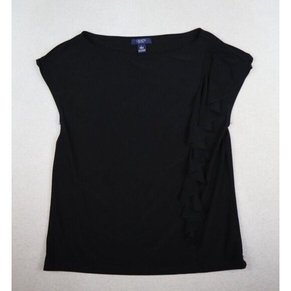 CHAPS - WOMEN'S BLACK STRETCH KNIT SHORT SLEEVE RUFFLE TOP - SIZE L - Picture 2 of 8